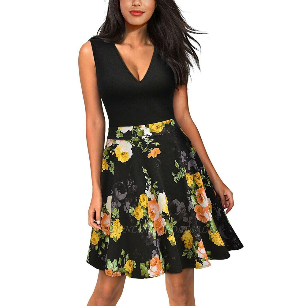 Miusol Summer Size S Sleeveless V Neck Black Fit  &Flare Floral Midi Table Dress